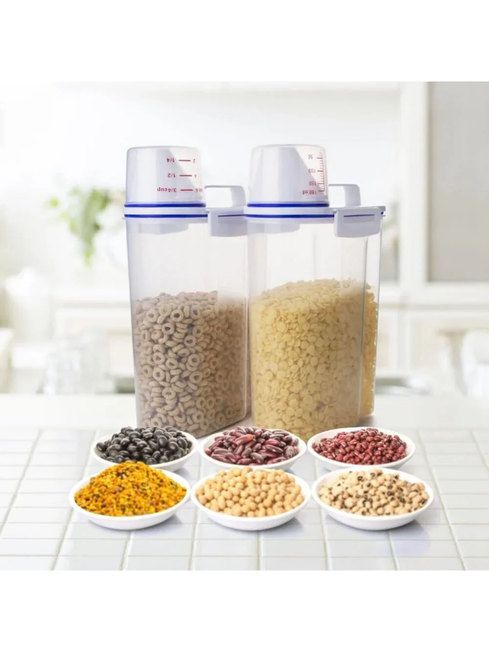 2 Pack Rice Cereal Storage Containers with Measuring Cup & Easy Pour Spout